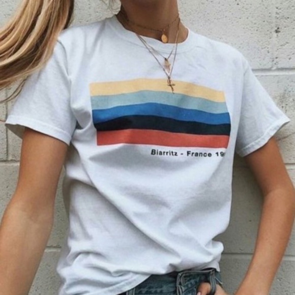 Brandy Melville Biarritz France Rainbow Stripe Graphic Tee